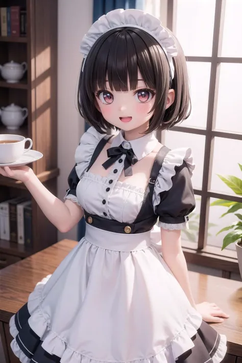 (masterpiece),  indoors,  1girl,  medium breasts,  short hair,  black hair,  blunt bangs,  blush,  smile,  open mouth,  frills,  lace trim,  frilled dress,  maid apron,  maid headdress,  frilled apron,  back bow