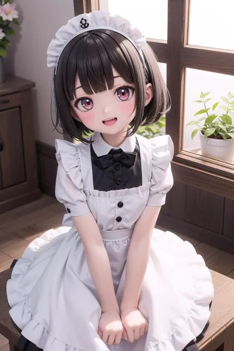 (masterpiece), sunlight, indoors, 1girl, ite, short hair, black hair, blunt bangs, blush, smile, open mouth, frills, lace trim, frilled dress, maid apron, maid headdress, frilled apron, back bow
