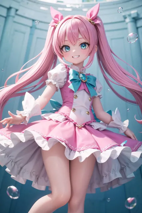 (masterpiece), pink theme, aqua theme, magical girl, bubble skirt, grin
