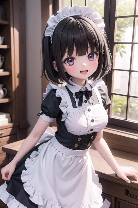 (masterpiece),  indoors,  1girl,  medium breasts,  short hair,  black hair,  blunt bangs,  blush,  smile,  open mouth,  frills,  lace trim,  frilled dress,  maid apron,  maid headdress,  frilled apron,  back bow