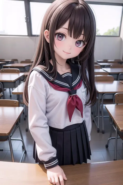 (masterpiece),  classroom,  1girl,  smile,  solo,  school uniform,  serafuku