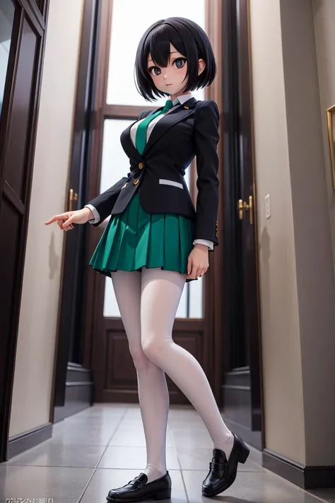 (masterpiece), best quality, high resolution, highly detailed, detailed background, perfect lighting, outdoor, 1girl, sakurada_kanade, large breasts, black eyes, black hair, white shirt, green necktie, loafers, pantyhose, green skirt, black blazer, <lora:sakurada_kanade_ver1.0_2:0.65>