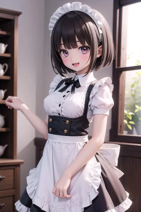 (masterpiece), indoors, 1girl, medium breasts, short hair, black hair, blunt bangs, blush, smile, open mouth, frills, lace trim, frilled dress, maid apron, maid headdress, frilled apron, back bow