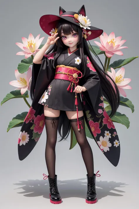 dynamic angle,<lora:Guakamo_figurine:0.8>,(masterpiece:1.5),HDR,vivid colors,1girl,asymmetrical legwear,bell,black footwear,black hair,boots,bow,full body,hat,japanese clothes,kimono,long hair,long sleeves,fox mask,solo,standing,thighhighs,very long hair,wide sleeves,flower,lily_(flower),1girl,white_flower,lotus,floral_background,pink_flower,daisy,long_hair,lily_pad,masterpiece,best quality,(Photorealistic:1.4),((Photoshoot Pose)),smiling,detailed face,detailed eyes,skin pores,realistic skin,looking_at_viewer,Cinematic shot,Ray Trace,Depth of Field,(((full body))),<lora:more_details:0.5>,