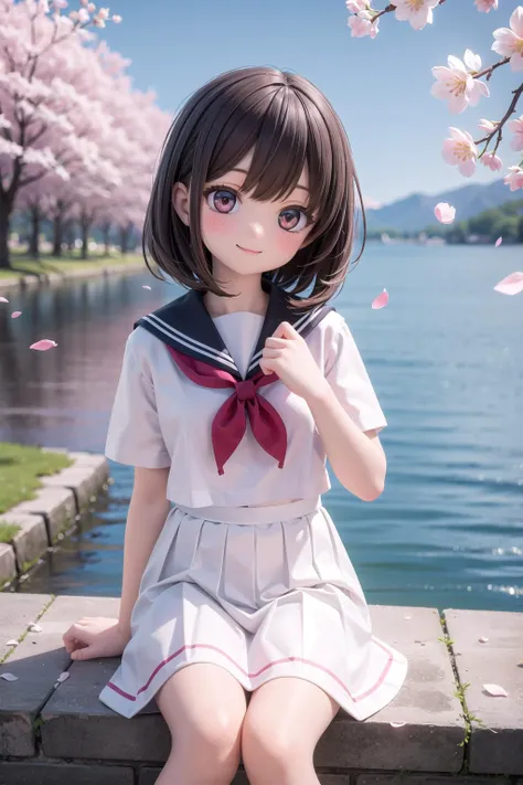 (masterpiece), outdoors, cherry blossoms, petals, sunlight, lake, 1girl, blush, smile, medium hair, sailor uniform