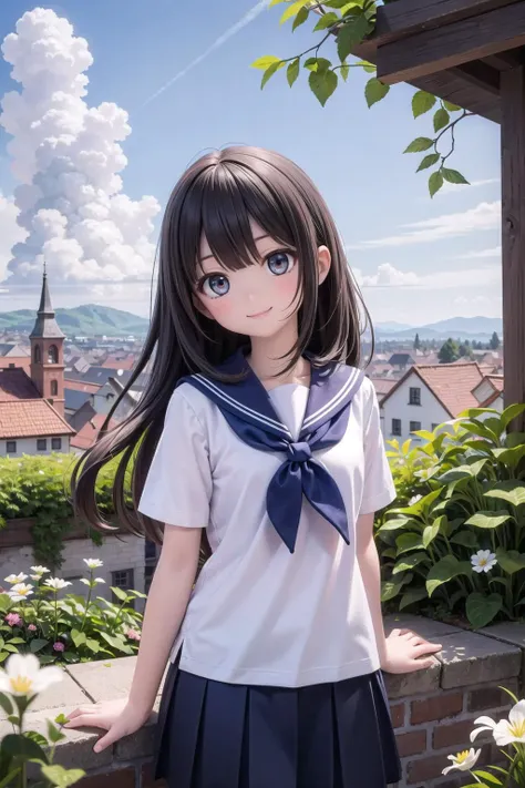 (masterpiece), town, blue sky, 1girl, smile, solo, sailor uniform, overgrown, petals, plant