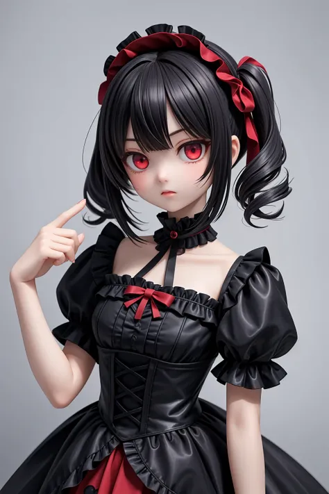 (masterpiece), gothic, victorial, 1girl, medium hair, black hair, (red eyes:1.2), black dress, frills, frilled dress, puffy sleeves