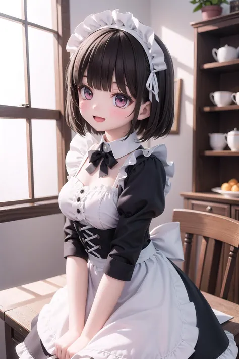 (masterpiece), indoors, 1girl, medium breasts, short hair, black hair, blunt bangs, blush, smile, open mouth, frills, lace trim, frilled dress, maid apron, maid headdress, frilled apron, back bow