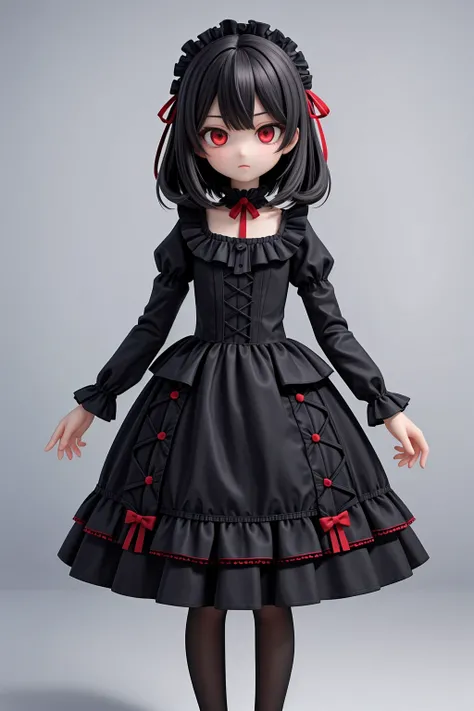 (masterpiece), gothic, victorial, 1girl, medium hair, black hair, (red eyes:1.2), black dress, frills, frilled dress, puffy sleeves