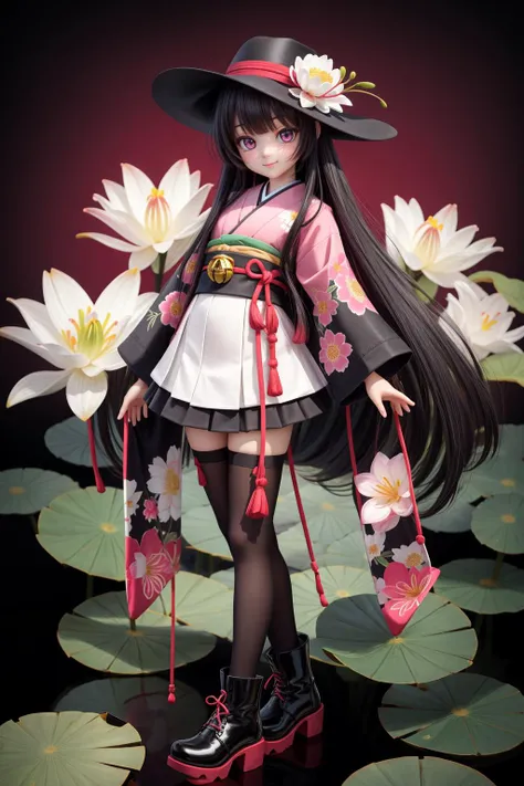 dynamic angle,<lora:Guakamo_figurine:0.8>,(masterpiece:1.5),HDR,vivid colors,1girl,asymmetrical legwear,bell,black footwear,black hair,boots,bow,full body,hat,japanese clothes,kimono,long hair,long sleeves,fox mask,solo,standing,thighhighs,very long hair,wide sleeves,flower,lily_(flower),1girl,white_flower,lotus,floral_background,pink_flower,daisy,long_hair,lily_pad,masterpiece,best quality,(Photorealistic:1.4),((Photoshoot Pose)),smiling,detailed face,detailed eyes,skin pores,realistic skin,looking_at_viewer,Cinematic shot,Ray Trace,Depth of Field,(((full body))),<lora:more_details:0.5>,