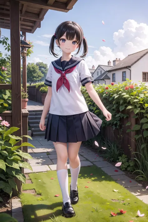 (masterpiece),  town,  blue sky,  1girl,  smile,  solo,  sailor uniform,  overgrown,  petals,  plant