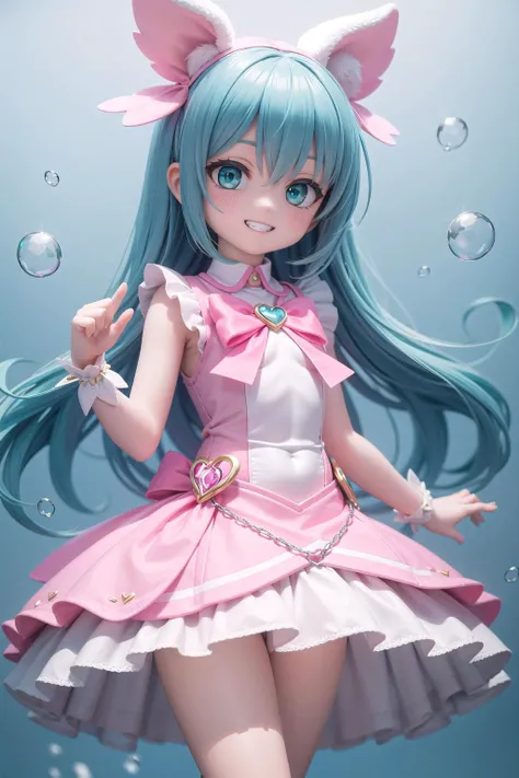 (masterpiece), pink theme, aqua theme, magical girl, bubble skirt, grin