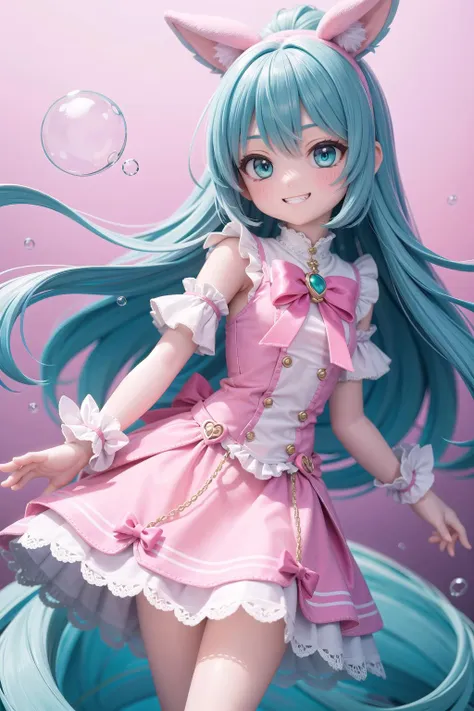 (masterpiece),  pink theme,  aqua theme,  magical girl,  bubble skirt,  grin