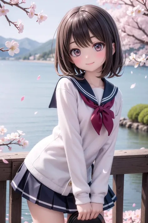 (masterpiece),  outdoors,  cherry blossoms,  petals,  sunlight,  lake,  1girl,  blush,  smile,  medium hair,  sailor uniform