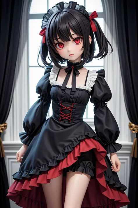 (masterpiece), gothic, victorial, 1girl, medium hair, black hair, (red eyes:1.2), black dress, frills, frilled dress, puffy sleeves