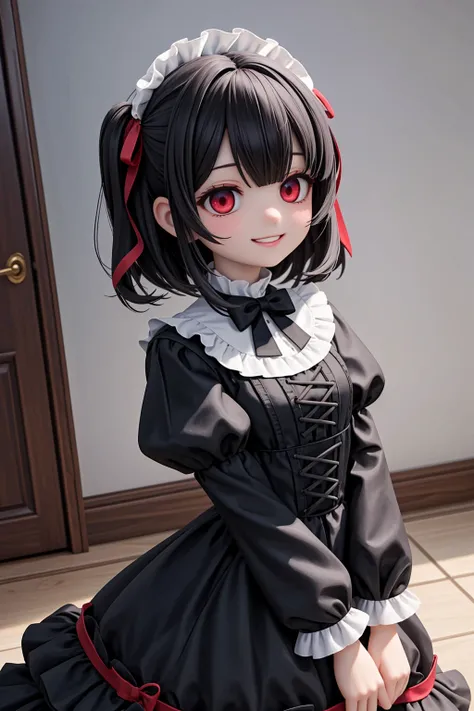 (masterpiece), indoors, light particles, gothic, victorial, 1girl, medium hair, black hair, (red eyes:1.2), black dress, frills, frilled dress, puffy sleeves, grin