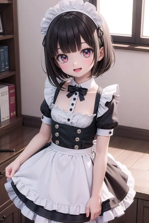 (masterpiece), sunlight, indoors, 1girl, ite, short hair, black hair, blunt bangs, blush, smile, open mouth, frills, lace trim, frilled dress, maid apron, maid headdress, frilled apron, back bow