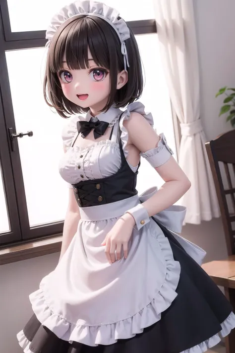 (masterpiece),  indoors,  1girl,  medium breasts,  short hair,  black hair,  blunt bangs,  blush,  smile,  open mouth,  frills,  lace trim,  frilled dress,  maid apron,  maid headdress,  frilled apron,  back bow