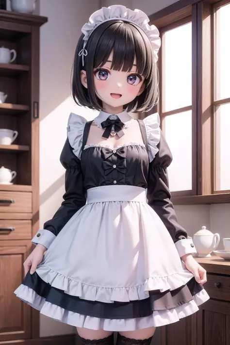 (masterpiece), indoors, 1girl, medium breasts, short hair, black hair, blunt bangs, blush, smile, open mouth, frills, lace trim, frilled dress, maid apron, maid headdress, frilled apron, back bow