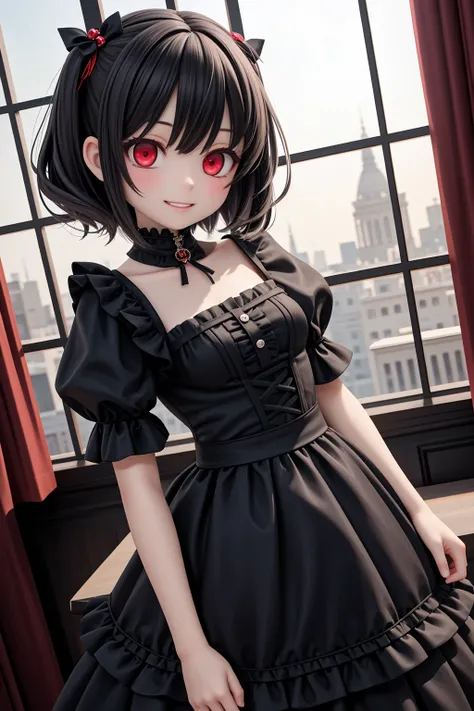 (masterpiece), indoors, light particles, gothic, victorial, 1girl, medium hair, black hair, (red eyes:1.2), black dress, frills, frilled dress, puffy sleeves, grin