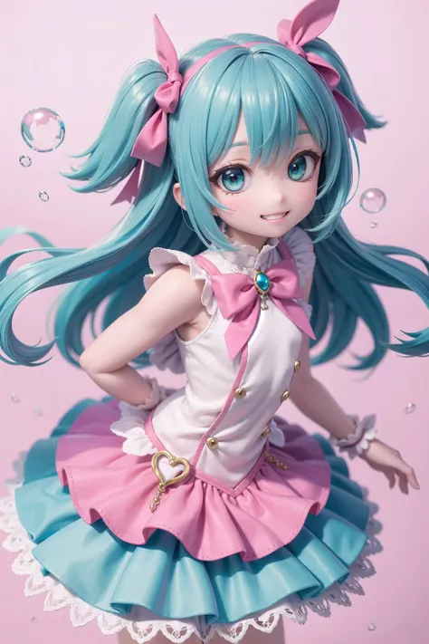 (masterpiece),  pink theme,  aqua theme,  magical girl,  bubble skirt,  grin