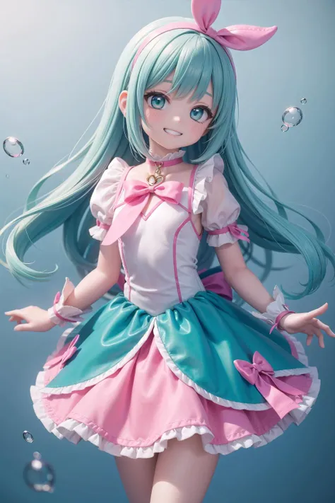 (masterpiece), pink theme, aqua theme, magical girl, bubble skirt, grin