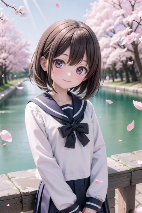 (masterpiece), outdoors, cherry blossoms, petals, sunlight, lake, 1girl, blush, smile, medium hair, sailor uniform