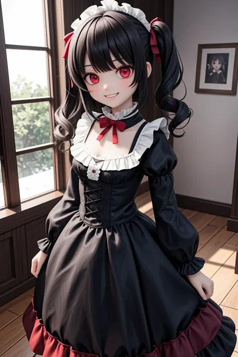 (masterpiece), indoors, light particles, gothic, victorial, 1girl, medium hair, black hair, (red eyes:1.2), black dress, frills, frilled dress, puffy sleeves, grin