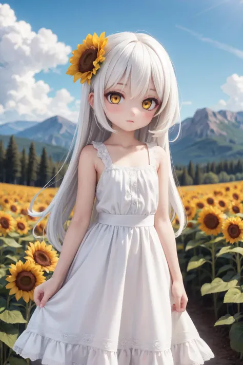 (masterpiece:1.2),best quality,extremely detailed,
BREAK
cute girl,(petite:1.3),solo,shiny skin,small breasts,very long hair,
detailed eyes,perfect anatomy,
cute eyes,(yellow eyes:1.3),(white hair:1.4),
BREAK
(white dress:1.3),cute dress,
BREAK
lake,plain field,sunflower,mountain,
BREAK
character focus,looking at viewer,
BREAK
<lyco:Add More Details:0.4>