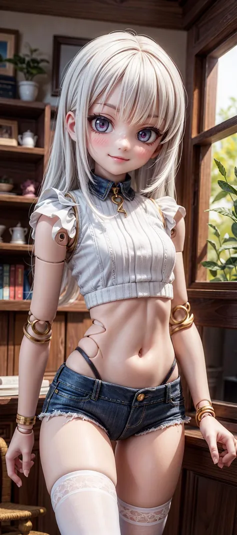 (masterpiece), best quality, high resolution, highly detailed, perfect lighting, indoors, 1girl, (doll joints:1.2), petite, white hair, smirk, crop top, navel, thighhighs, <lora:add_detail:1>,