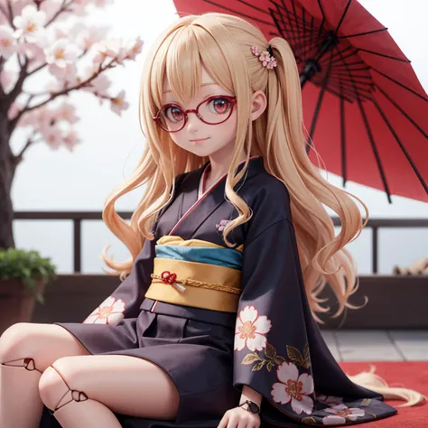 (masterpiece, highres, best quality, ultra detailed, detailed background, cinematic lighting:1.2), (beautiful detailed face, detailled eyes), dynamic pose, dynamic angle,
1girl, blonde hair, long wavy hair, parted bangs, red eyes, pale skin, red eyewear, round eyewear, mini kimono, wind effect, cherry blossoms, looking at viewer, smile,
(doll joints,:1.2),
red carpet, sit on carpet , (the ceremony is held outside), huge umbrella on ground, sado,