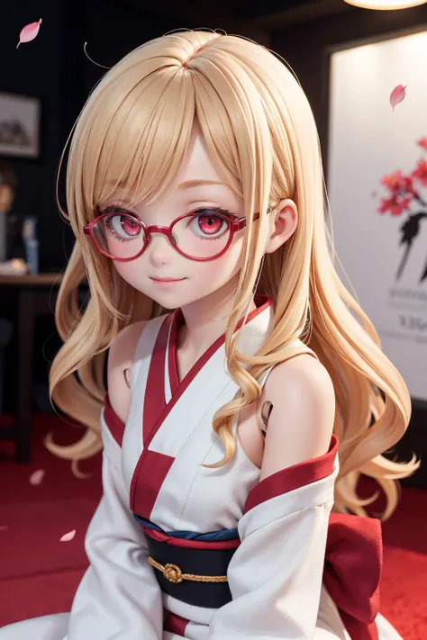 (masterpiece, highres, best quality, ultra detailed, detailed background, cinematic lighting:1.2), (beautiful detailed face, detailled eyes),  dynamic pose, dynamic angle, 
1girl, blonde hair, long wavy hair,  parted bangs, red eyes, pale skin,  red eyewear, round  eyewear,   mini kimono,  bare shoulders, wind effect, cherry blossoms, looking at viewer, smile,
(doll joints,:1.2),
red carpet, sit on carpet , the ceremony is held outside,