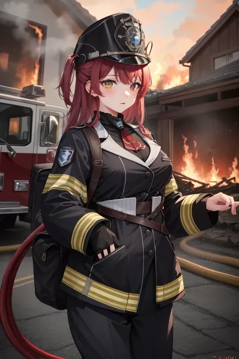 masterpiece, best quality, absurdres, perfect antomy, Houshou Marine, 1girl, solo, heterochromia, red eyes, yellow eyes, large breasts, outdoors, burning house, fire fighter, fire fighter outfit, helmet