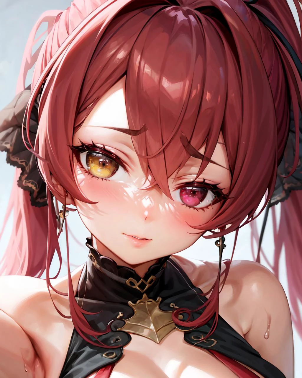 (best quality, masterpiece:1.2), 1girl, (portrait), close up, houshouBikini, heterochromia, red eyes, yellow eyes, ponytail, long hair, jewlery, <lora:HoushouMarineV2LORA:1>