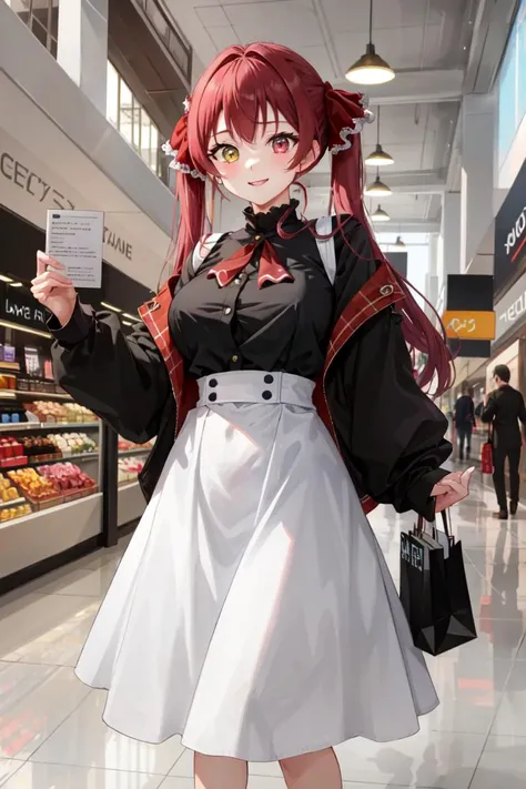 masterpiece, best quality, absurdres, perfect antomy, Houshou Marine, 1girl, solo, heterochromia, red eyes, yellow eyes, large breasts, twintails, hair ribbon, long hair, high-waist skirt, long skirt, white skirt, black shirt, long leeves, smile, standing, indoors, shopping mall