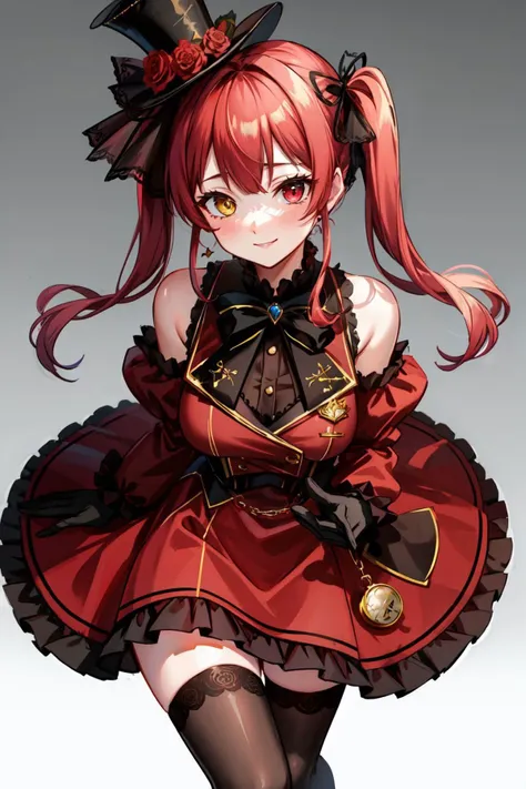 masterpiece, best quality, detailed hands, detailed lighting, highres, smile,
<lora:add_detail:0.3>
<lora:CosmicEyes:0.3>, red eye, yellow eye,
<lora:HoushouMarineV2LORA:0.8> , houshouGothic, heterochromia, red eyes, yellow eyes, twintails, black ribbon, large breasts, mini top hat, hat flower, gothic, short dress, red dress, frilled dress, detached sleeves, frilled sleeves, corset, bowtie, black gloves, pocket watch, white thighhighs,