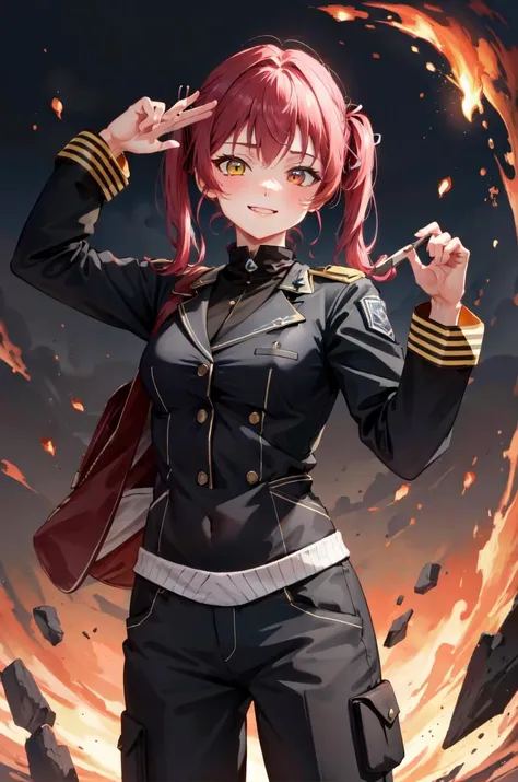 solo, 1girl, smile, standing, dynamic pose, 8k, masterpiece, best quality, absurdres, perfect anatomy, cinematic lighting, cowboy shot, (firefighter uniform:1.1), pants, <lora:houshouMarine5Outfits_v20:1>, Houshou Marine, heterochromia, red eyes, yellow eyes, twintails, long hair,