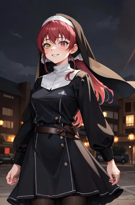 solo, 1girl, smile, standing, dynamic pose, 8k, masterpiece, best quality, absurdres, perfect anatomy, cinematic lighting, cowboy shot, (nun uniform:1.1), <lora:houshouMarine5Outfits_v20:1>, Houshou Marine, heterochromia, red eyes, yellow eyes, twintails, long hair,