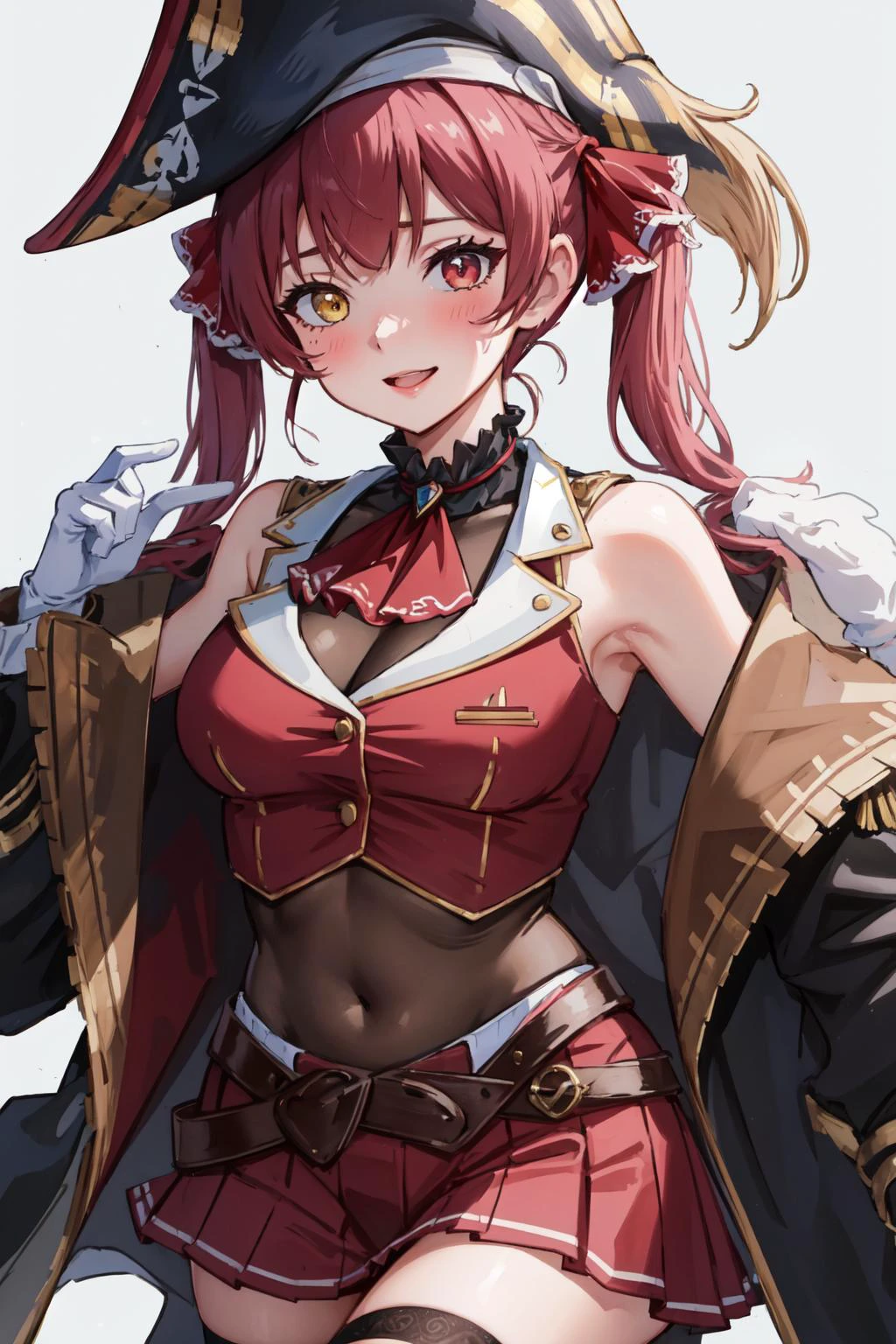 best quality, intricate details,
1girl, <lora:houshouMarine5Outfits_v20:0.8> Houshou Marine, houshouBase, heterochromia, red eyes, yellow eyes, twintails, long hair, hair ribbon, large breasts, white gloves, frilled choker, red ascot, leotard, leotard under clothes, red jacket, cropped jacket, sleeveless jacket, black coat, off shoulder, bicorne, red skirt, miniskirt, leather belt, black thighhighs