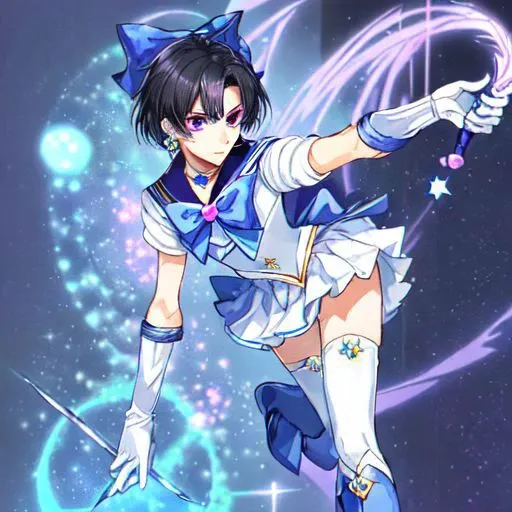 best quality, ultra-detailed, (1boy, solo, black hair, purple eyes, wand with star shaped tip, short sleeves, pastel blue bow on chest, tiered miniskirt, white gloves, white thigh highs, sailor moon-style outfit, boots, earrings, male princess, crossdressing. standing)