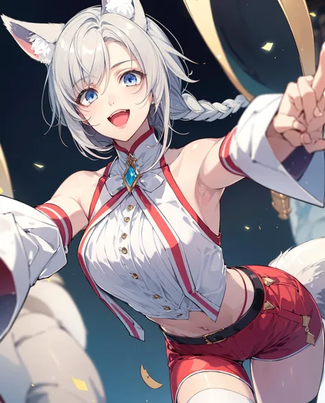 (masterpiece:1.2), (best quality:1.2), detailed illstration, 1girl, solo, best anatomy, beautiful face,brown skin,long grey hair,braid,dancer_ costume,fox ears,animal tail, breasts,smile,open mouth,dynamic angle,dynamic pose,armpits,looking at viewers,dark skin,hot pants, thighhigh,hair onaments