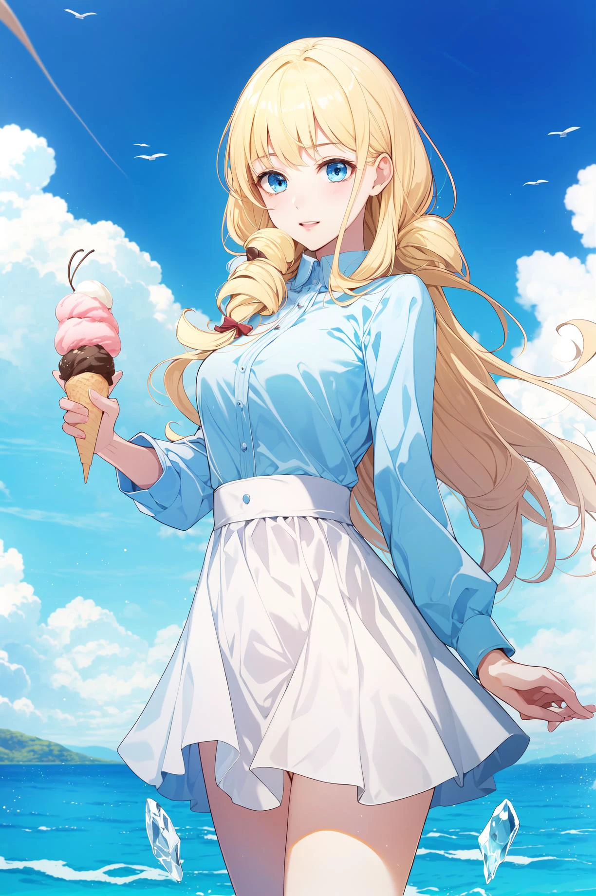 (masterpiece), (best quality), (ultra detailed), absurdres,1girl, ice cream, blonde hair, (long hair), ice cream, cloud, blue eyes, dress, blue sky, ocean, blue shirt