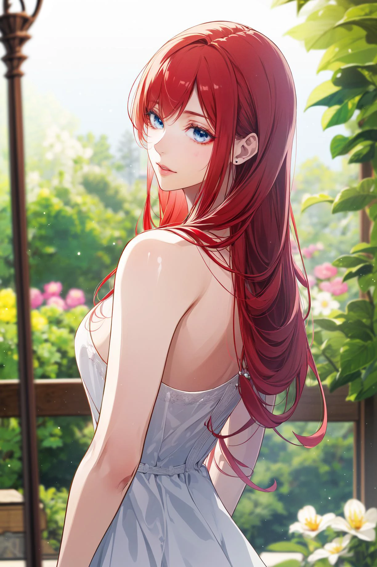 (masterpiese, best quality, Highres:1.4), detailed, Intricate Detailis 4k, 1girl, (red hair), blue eyes, long hair, garden,