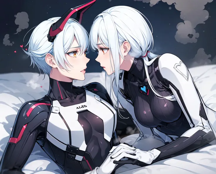 (two girls are interacting on the bed:1.2), (looking each other:1.4),holds hands, lying, masterpiece, (bodysuit:1.3), white hair,embarresed, (creature behind girls),bare stomach, headgear, embarresed, (steam:1.4),hotty, (white skin:1.3), (revealing powered suit:1.4), curvey, mature woman, sexy,(dark tone:1.4), black tone, monster girls, devil horn, (heart effects:1.1),(be breathless:1.0), after kissing,