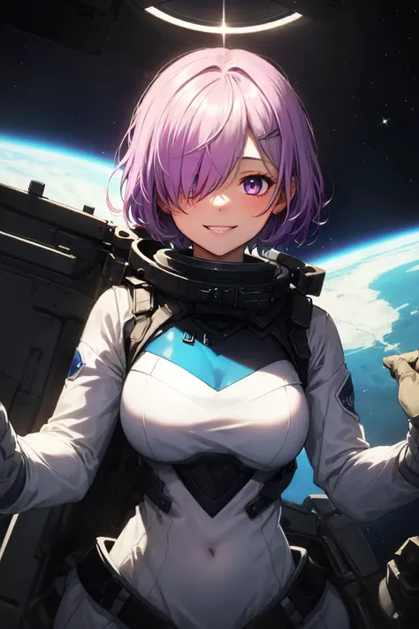 masterpiece, best quality , 1girl, (detailistic),(),space suit , <lora:mash_kyrielight:1> mash kyrielight,light purple hair,short hair,hair over one eyes , smile , slim body , detailed eyes