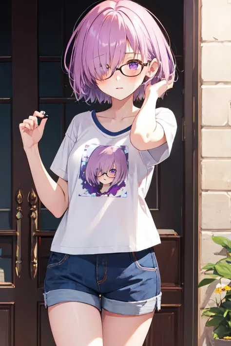 mash kyrielight,hair over one eye, blush, purple eyes, solo, 1girl, short hair, glasses, light purple hair, t-shirt, shorts <lora:mash_kyrielight:1>