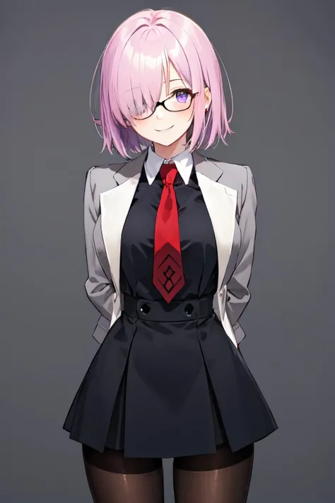 mash kyrielight,purple hair, purple eyes, cowboy shot, solo, 1girl, smile, looking at viewer, arms behind back, hair over one eye, glasses, grey jacket, black dress, red necktie, pantyhose<lora:mash_kyrielight:1>