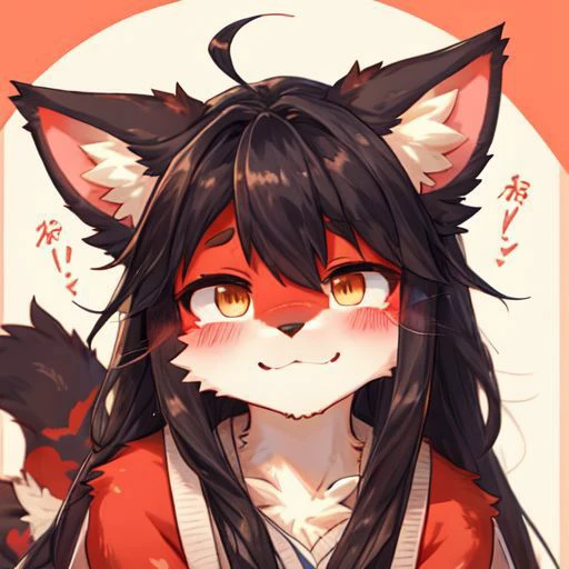 Neko white and red furry kemono girl, blushing and slightly smiling at viewer