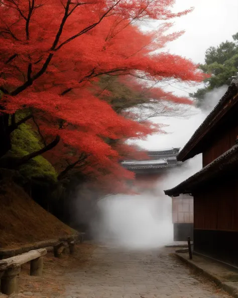 a wide angle photo of a red maple tree growing beside a path in a sunny foggy Japanese village. <lora:jvillage_20230918_1432-000015:0.8>. Houses and traditional buildings in background. golden hour, dramatic lighting, bright natural light, crepuscular rays, (bokeh:1.0), RAW photo, 8k uhd, high quality, highly detailed skin, Portra 400 <lora:add_detail:0.5>