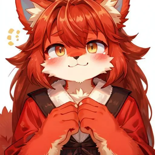 Neko white and red furry kemono girl, blushing and slightly smiling at viewer